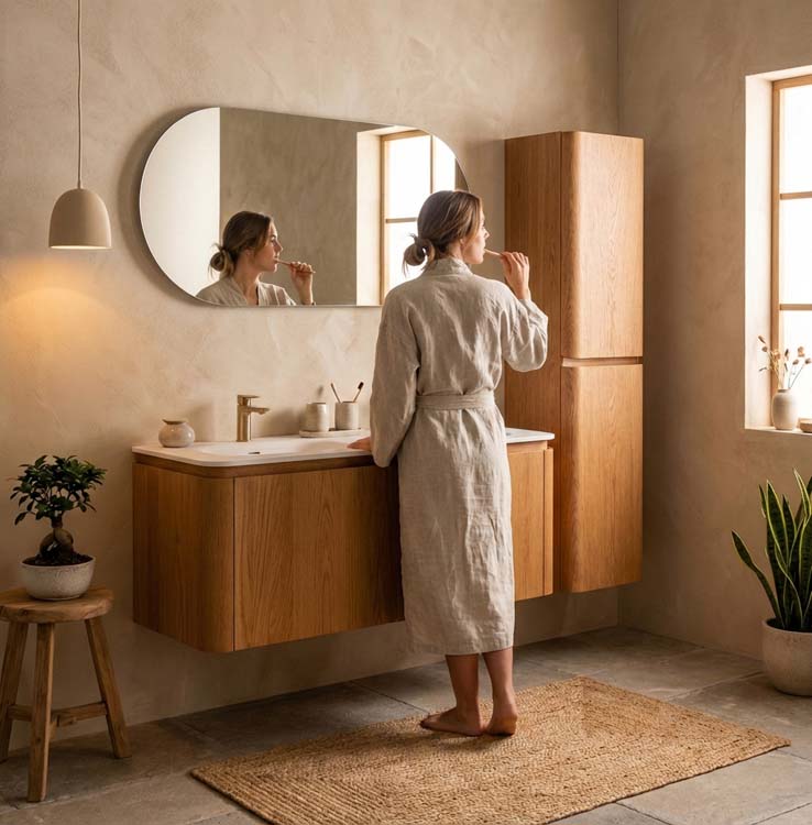 Meuble de salle de bain Floris chêne suspendu avec double vasque blanc mat 140cm