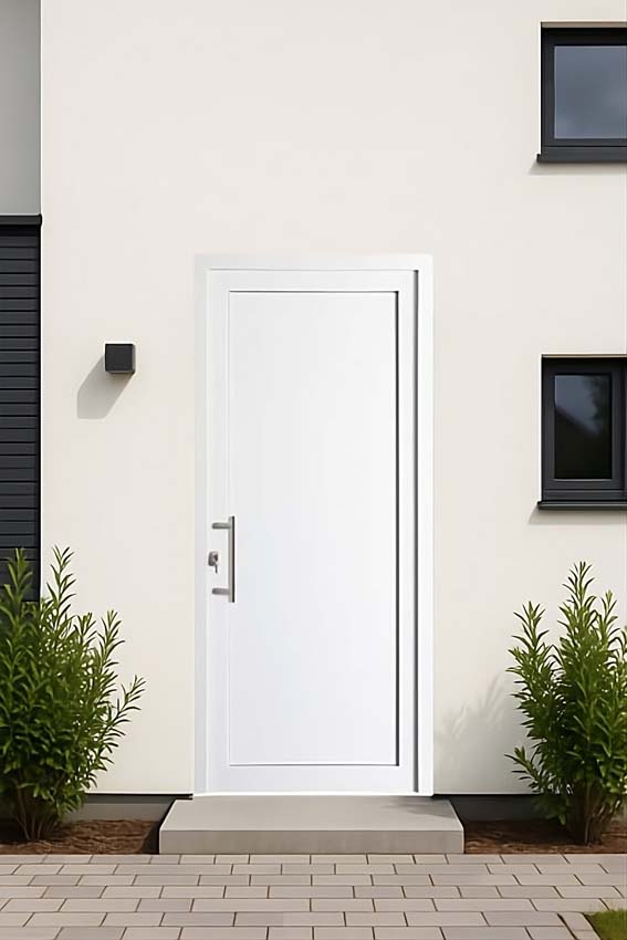 Porte extérieure panneau lisse PVC blanc ouvrant à gauche sur mesure Porte extérieure panneau lisse PVC blanc ouvrant à gauche sur mesure