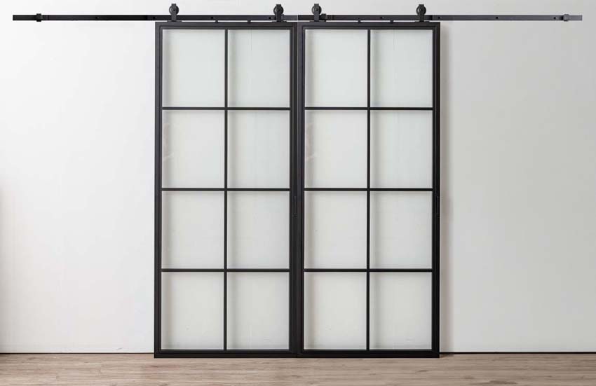 Porte coulissante double en acier complète Tyra 2x8R sur mesure + rail noir