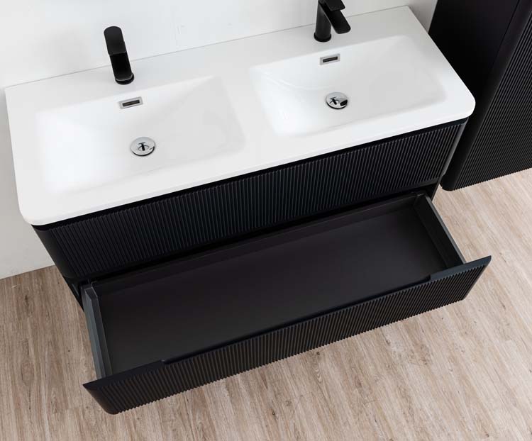 Meuble de salle de bains Julia noir mat suspendu avec lavabo double en marbre minéral blanc brillant 120cm