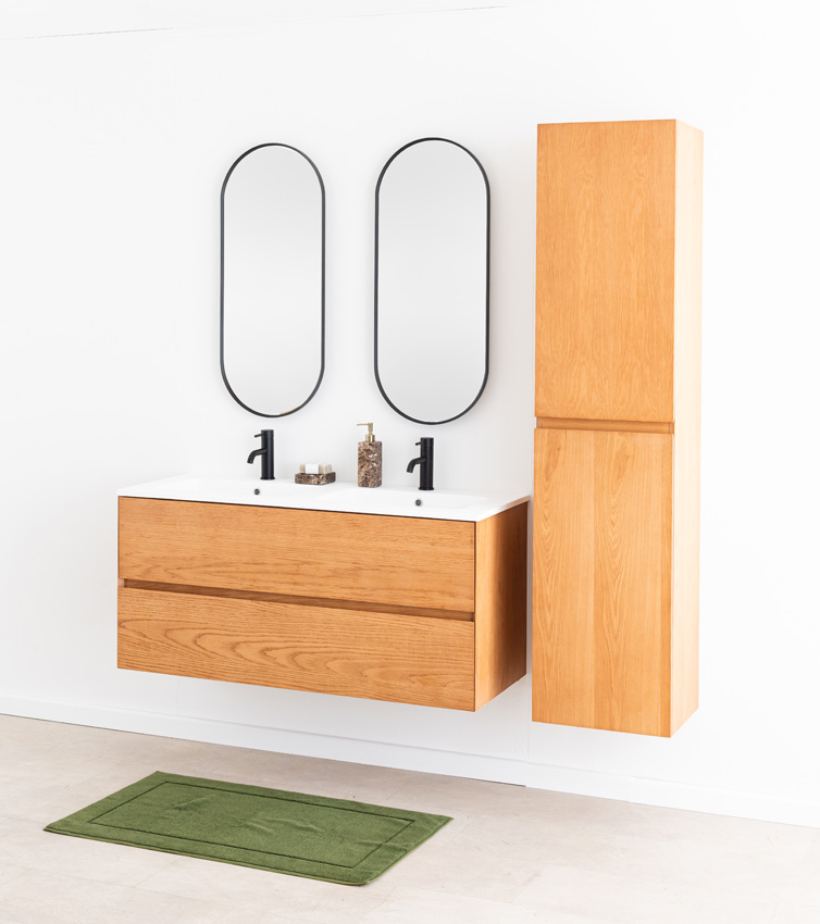 Meuble de salle de bain Fior en placage chêne suspendu avec double lavabo blanc mat 120cm