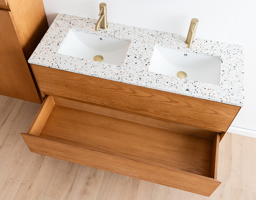Meuble de salle de bains Fior chêne suspendu avec double lavabo terrazzo 120cm