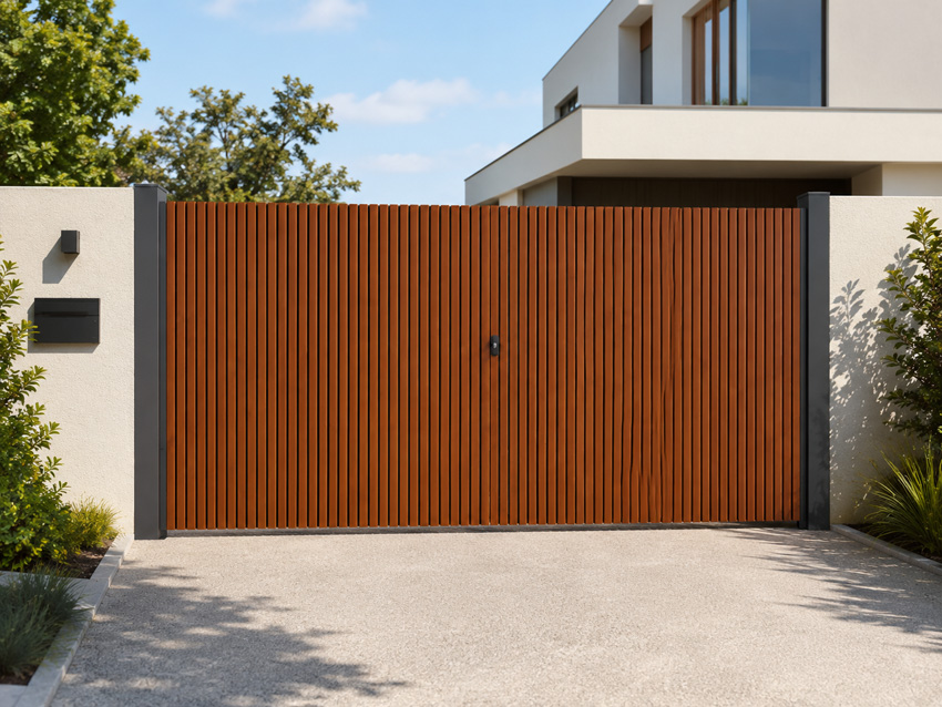 Dubbele draaipoort Line up aluminium houtlook 350x175cm