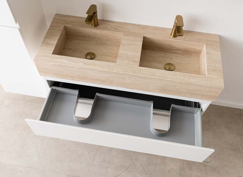 Badkamermeubel Tibo wit met dubbele brede wastafel travertinlook 120cm