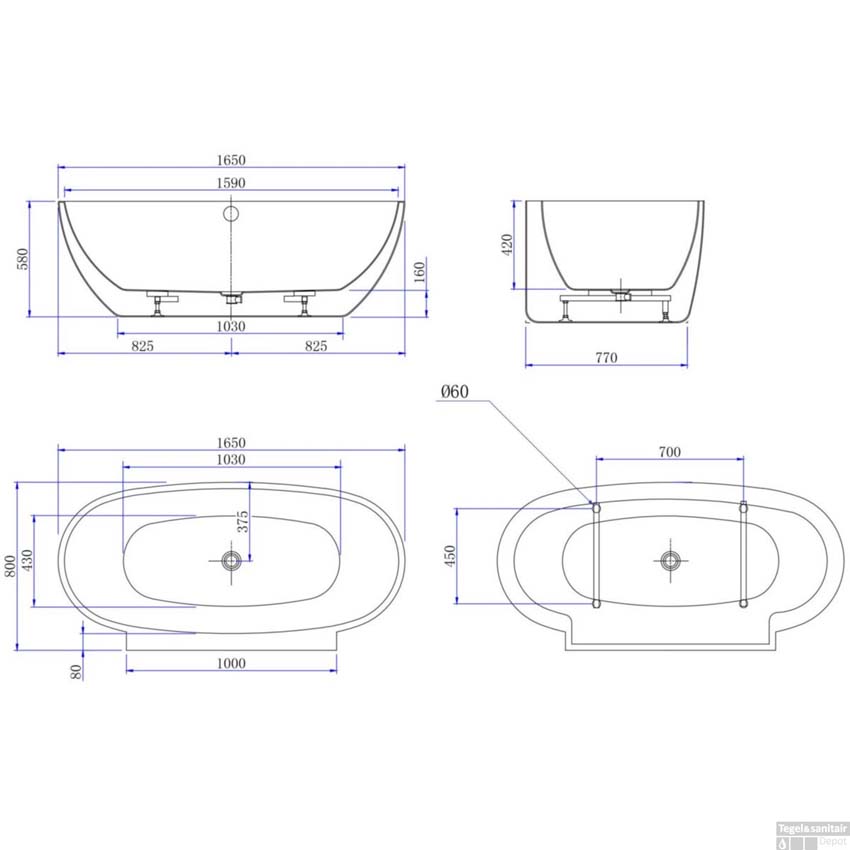 Half vrijstaand bad Allibert Agata glanzend wit 165x80cm
