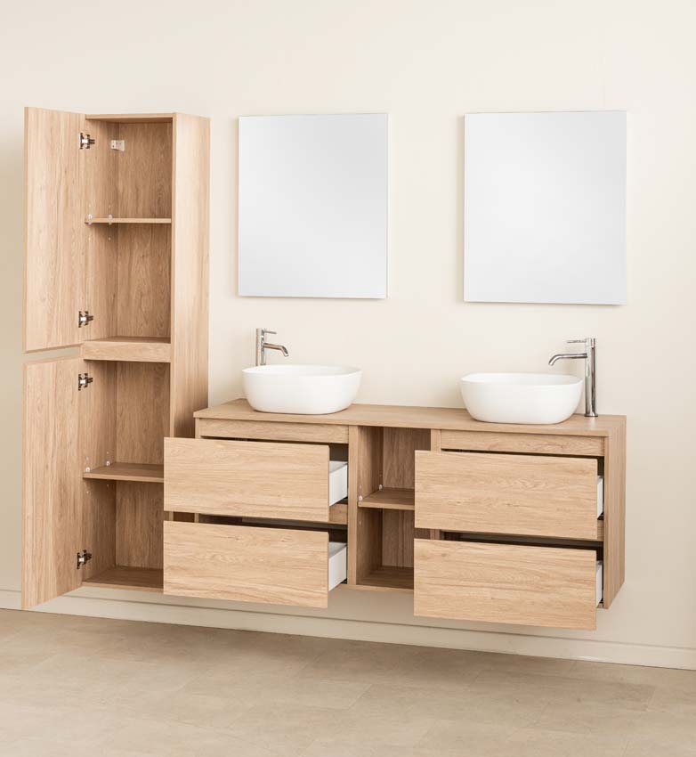 Meuble de salle de bains Bella chêne suspendu avec double vasque à poser blanc mat 150cm