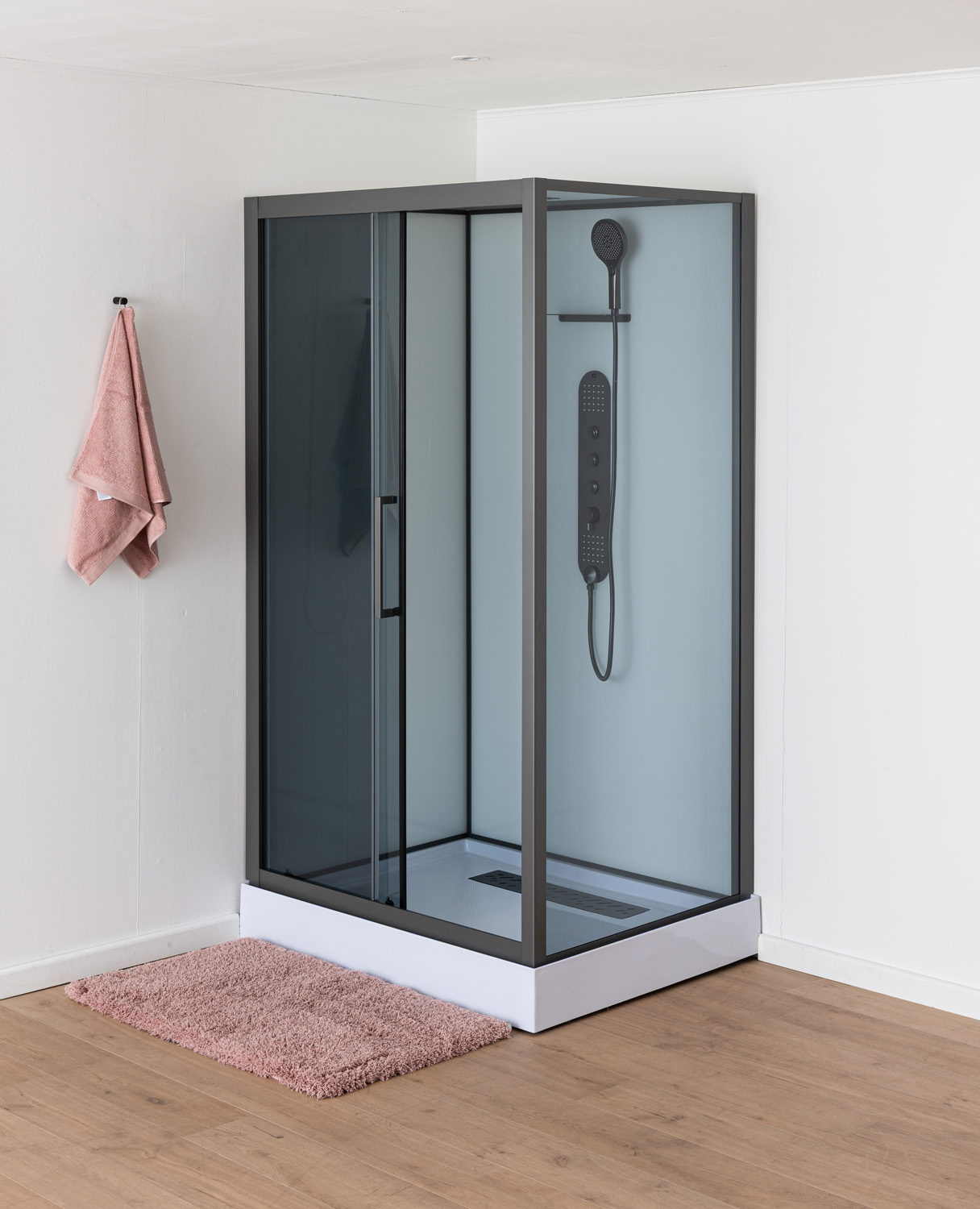 Cabine de douche Amani gauche/droite gunmetal verre gris porte coulissante 90x115x215cm