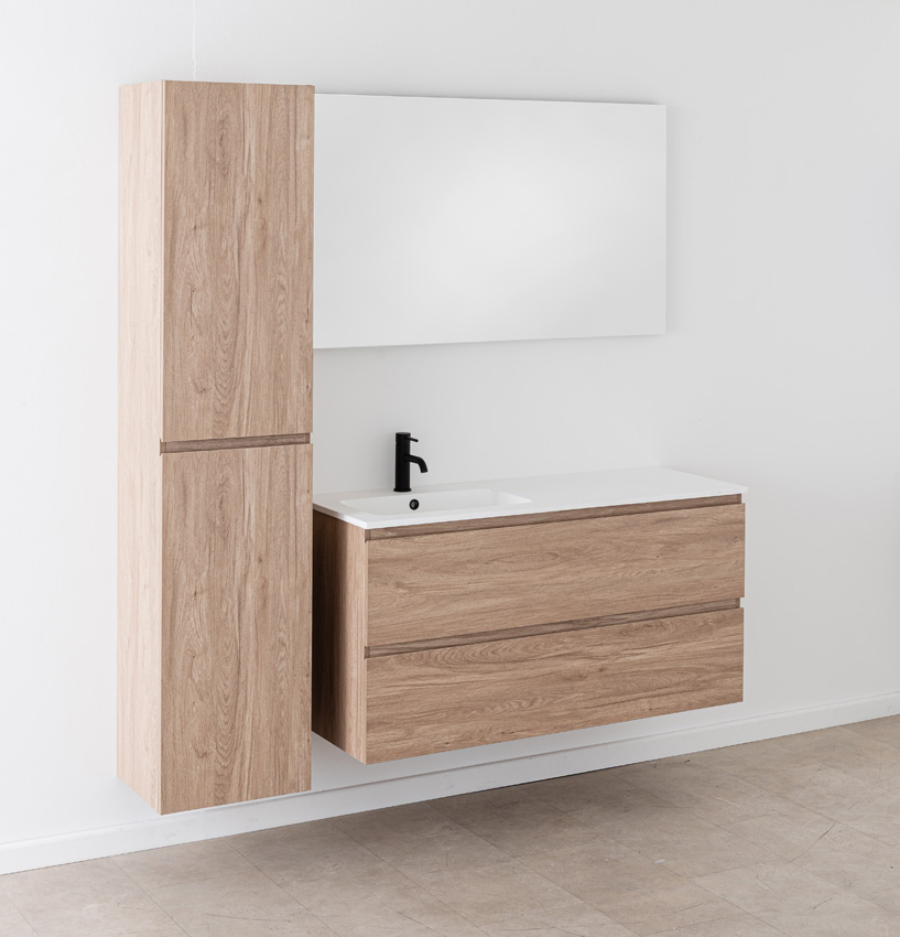 Meuble de salle de bain Bianca aspect chêne suspendu avec lavabo simple blanc mat 120,5cm