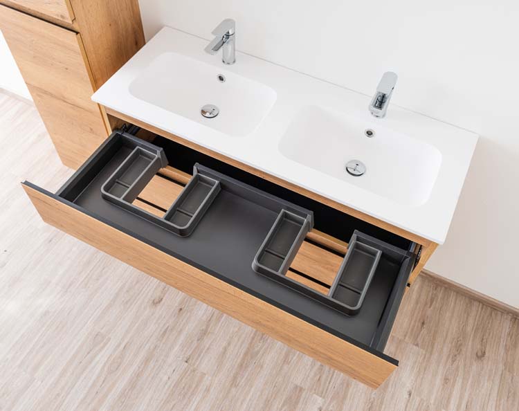 Meuble de salle de bains Daria chêne brun doré sur pied avec lavabo double blanc mat 120cm