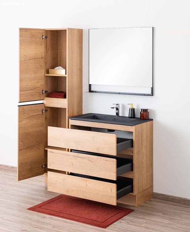 Badkamermeubel Daria eik goudbruin staand met enkele wastafel mat zwart 90cm