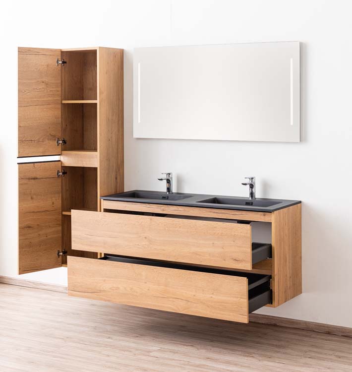 Meuble de salle de bains Daria chêne brun doré suspendu avec lavabo double noir mat 140cm