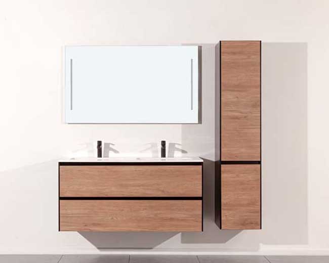 Meuble de salle de bains Molly aspect bois suspendu avec lavabo double blanc mat 120cm