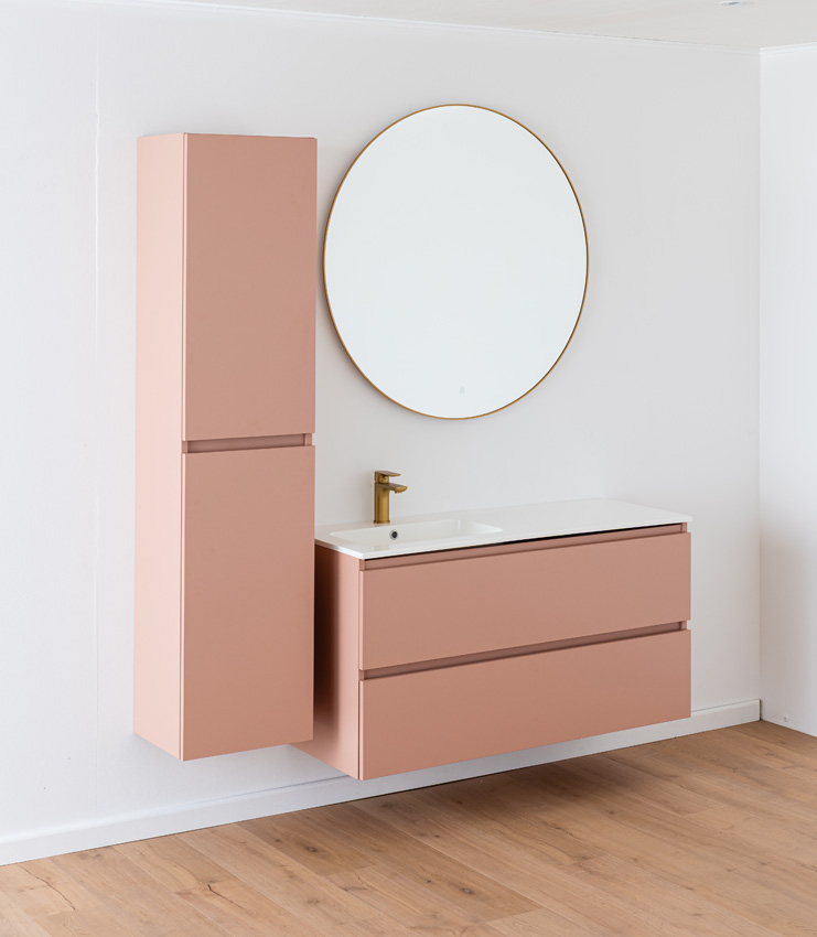 Meuble de salle de bains Dotan abricot suspendu avec lavabo simple gauche blanc brillant 120cm
