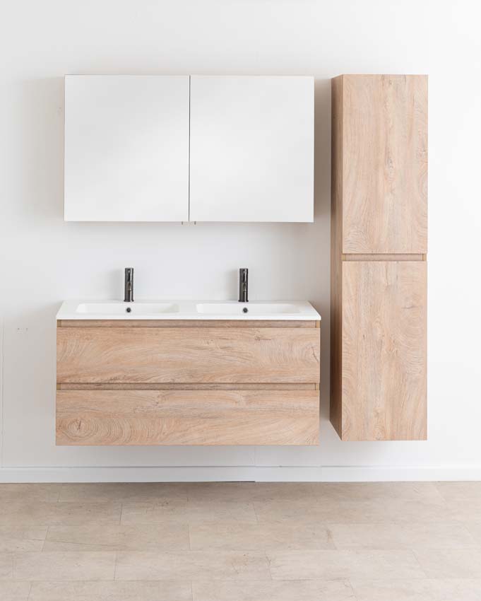 Meuble de salle de bain Tibo en chêne méditerranéen avec double lavabo blanc mat 120cm