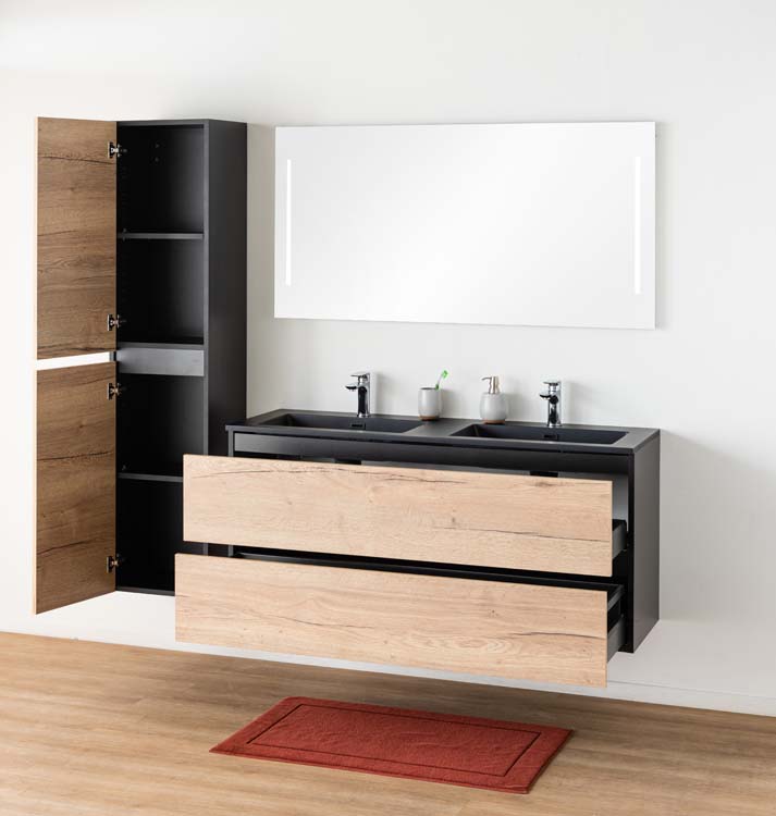 Badkamermeubel Dotan eik hangend met dubbele wastafel mat zwart 140cm