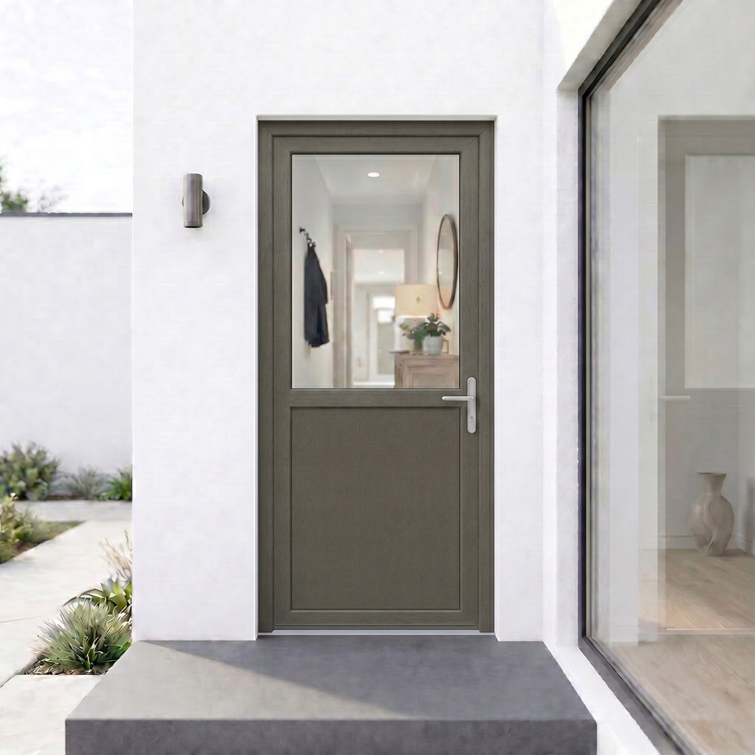 Porte extérieure semi-vitrée PVC verre clair gris quartz/blanc 980x2180mm ouvrant à droite