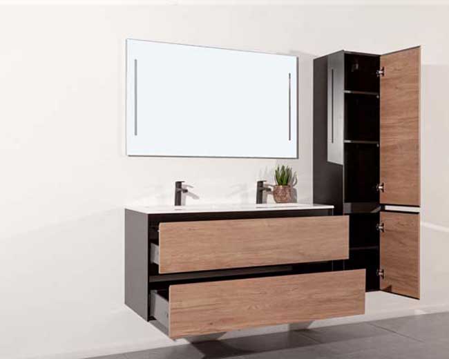 Meuble de salle de bains Molly aspect bois suspendu avec lavabo double blanc mat 120cm
