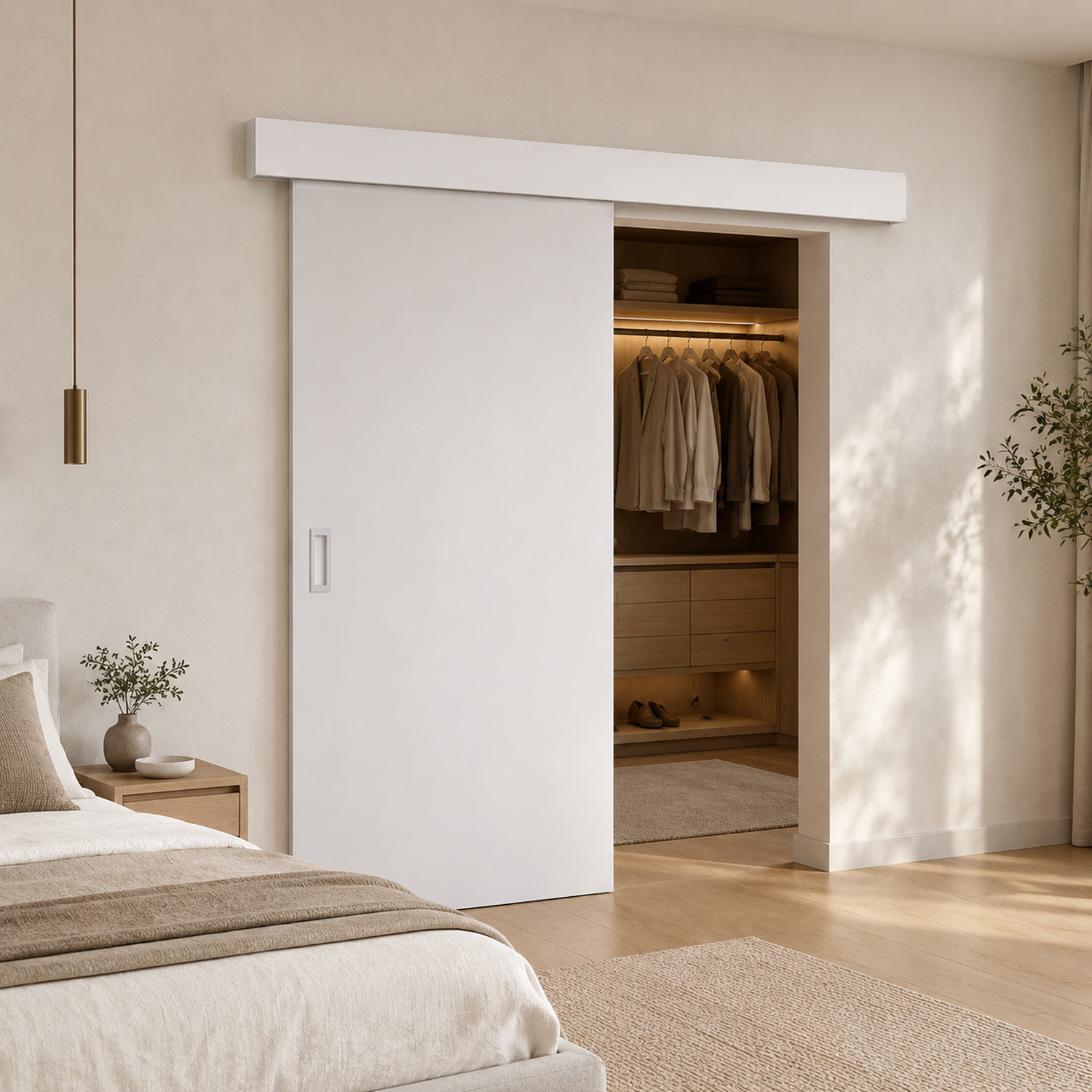 Porte coulissante simple complète Palladium blanche 93x211,5cm âme tubulaire + rail et cache-rail blanc