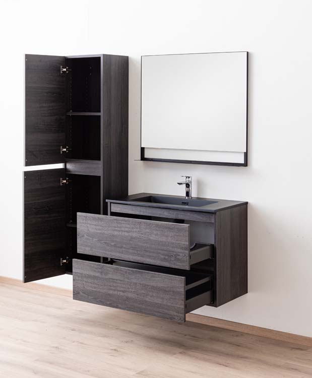 Meuble de salle de bains Dotan chêne foncé suspendu avec lavabo simple noir mat 90cm