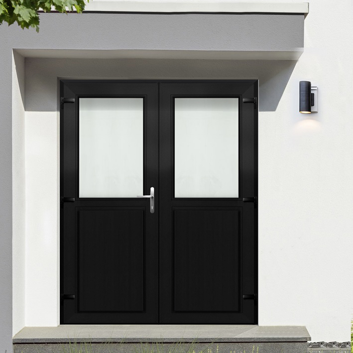 Porte extérieure double semi-vitrée PVC verre clair anthracite/blanc ouvrant à gauche ouvrant vers lextérieur sur mesure