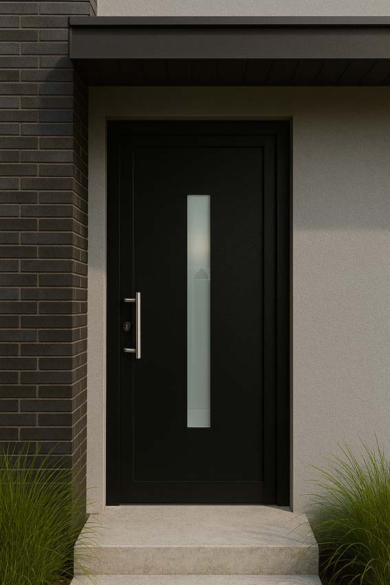 Buitendeur verticale ruit PVC mat glas antraciet/wit 980x2180mm linkstrekkend