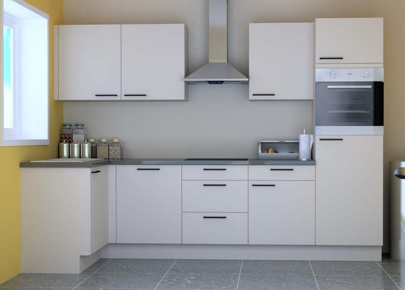 Cuisine d'angle Premium 15A blanche 350x130cm - pré-montée - avec appareils - plaque de cuisson vitrocéramique et hotte murale en inox