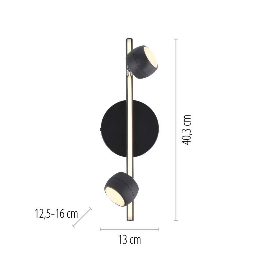 Opbouwspot - zwart - 13x40,3cm - dimbaar - 2x5,3W - 3000K
