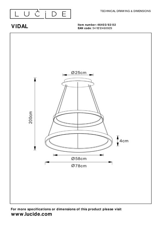 Lucide VIDAL - Hanglamp - Ø 78 cm - LED Dimb. - 1x92W 2700K - Mat Goud / Messing