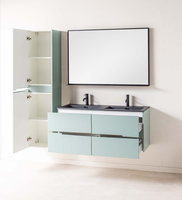 Meuble de salle de bains Truman vert gris suspendu avec lavabo double noir mat 120cm