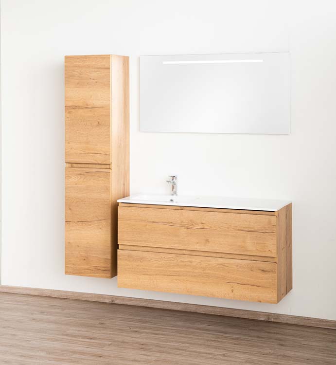 Meuble de salle de bains Daria chêne brun doré suspendu avec lavabo simple à gauche blanc brillant 120cm