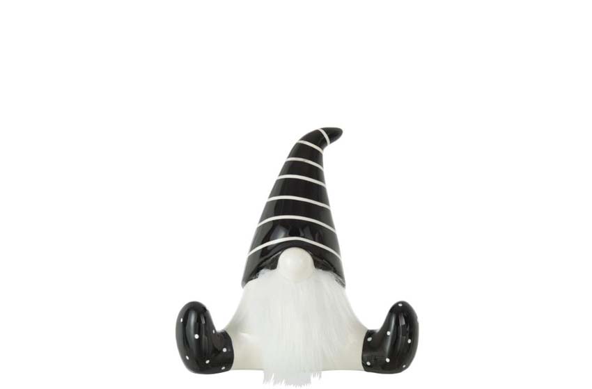 Figurine Père Noël assis + bonnet à rayures noir/blanc 13x11x26cm