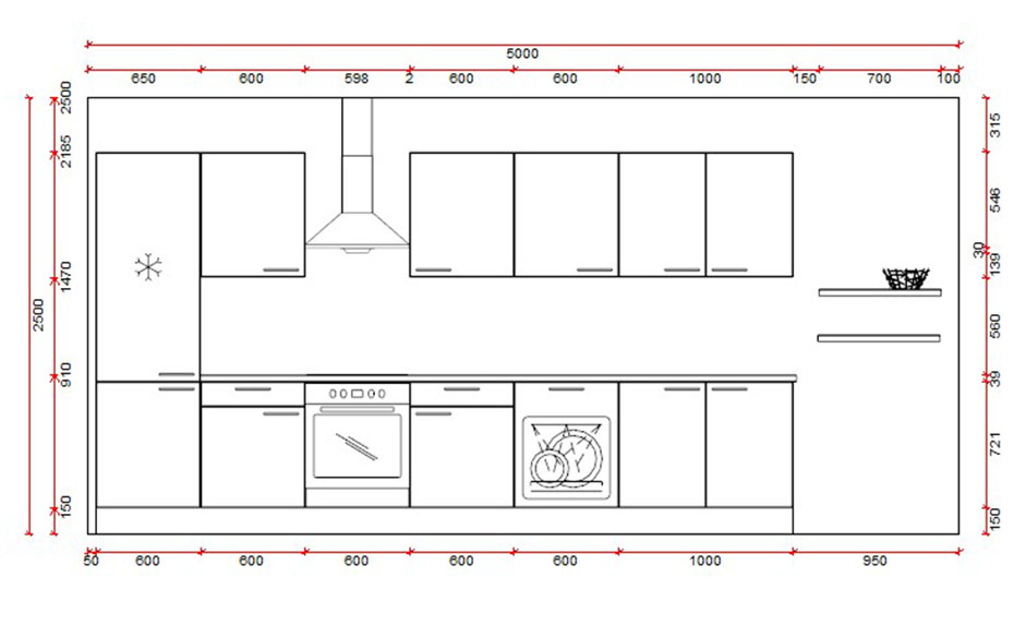 Cuisine Premium 8 aspect bois 400cm - pré-montée - avec appareils - plaque de cuisson vitrocéramique et hotte murale en inox