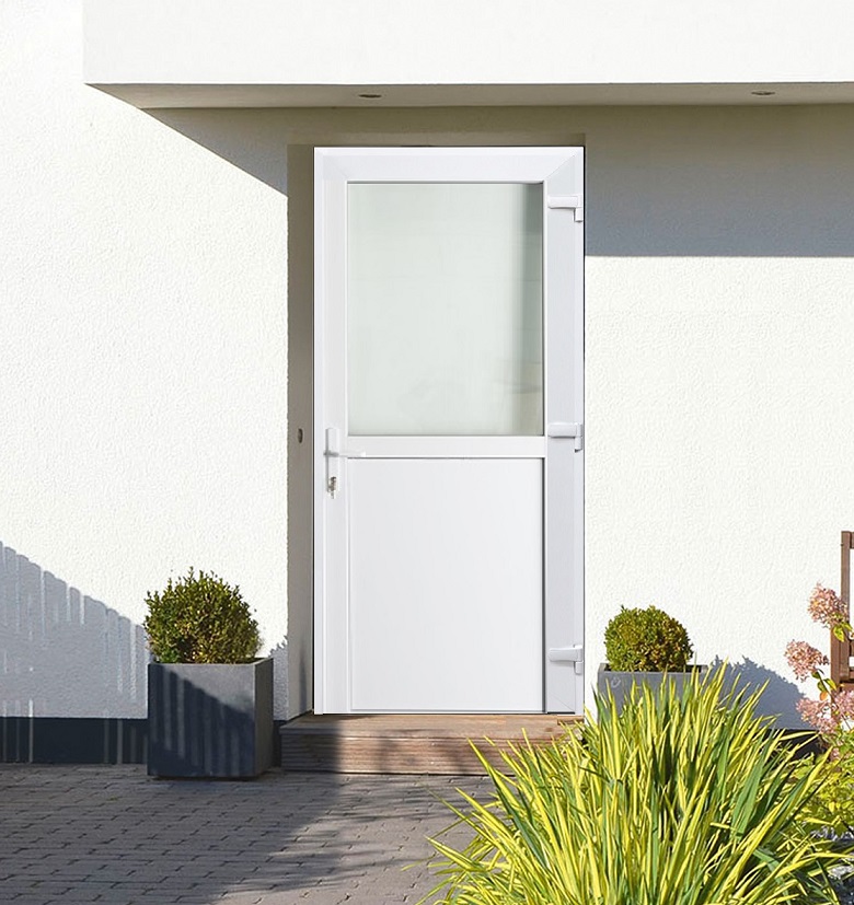 Porte extérieure semi-vitrée PVC verre clair blanc 980x2180mm ouvrant vers lextérieur à droite