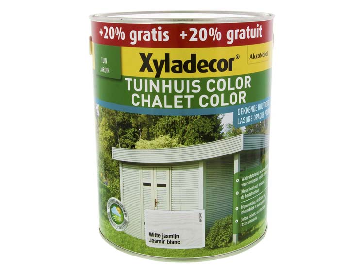 Xyladecor Color houtbeits tuinhuis 2,5l + 0,5l witte jasmijn