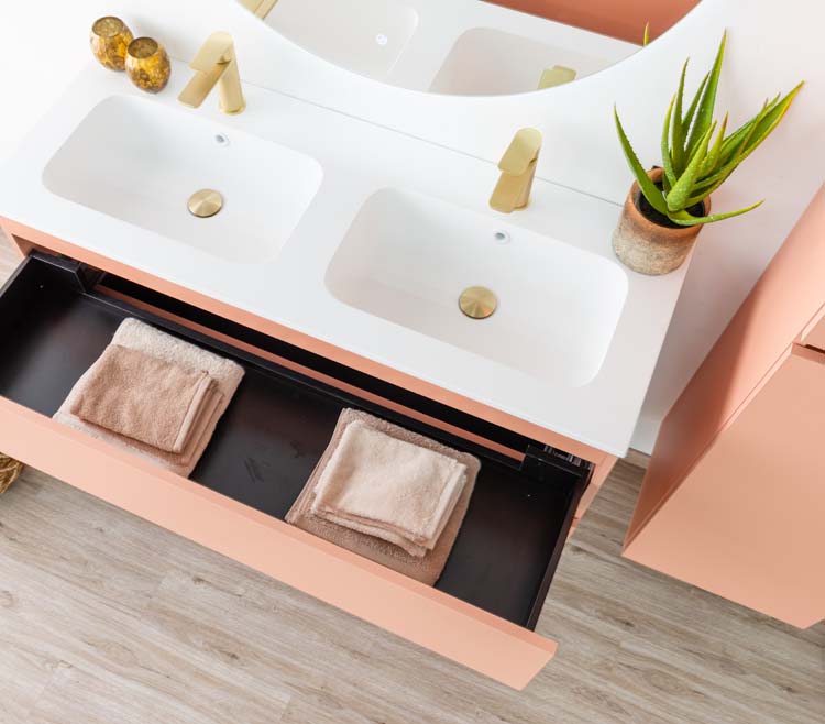 Badkamermeubel Puro blush hangend met dubbele wastafel mat wit 120cm