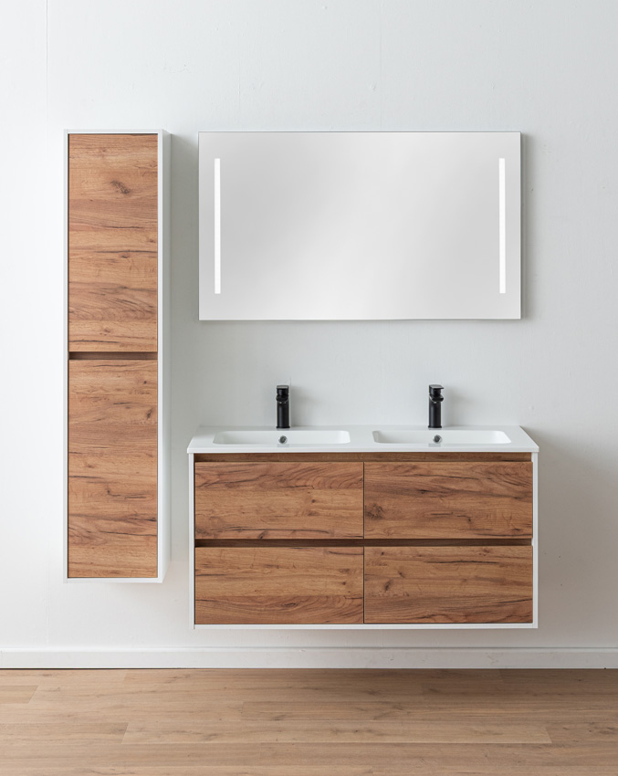 Meuble de salle de bains Treviso chêne/blanc avec double lavabo blanc brillant 120cm