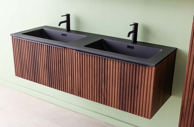 Meuble de salle de bains Soetkin noyer suspendu avec lavabo double noir mat 140cm