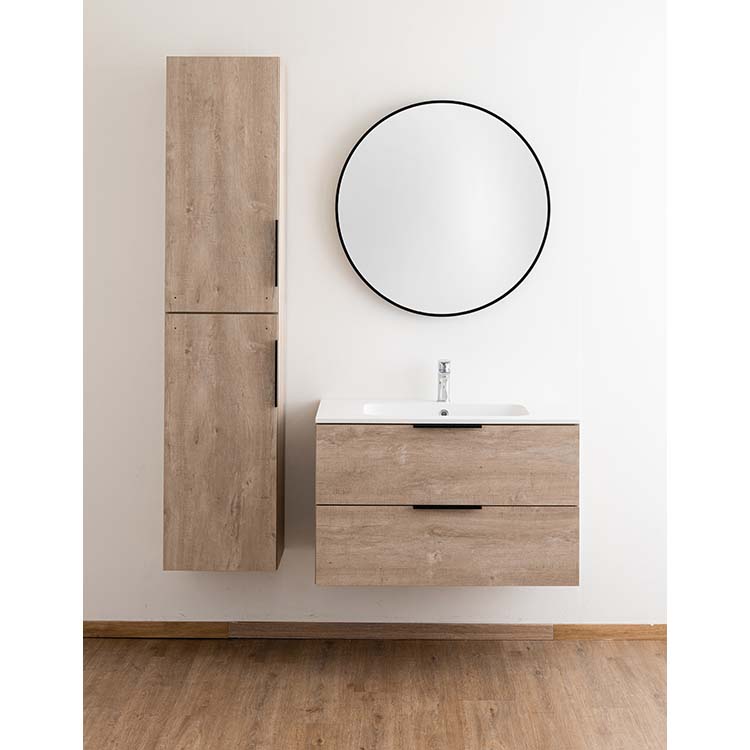 Badkamermeubel Plato eik betonlook hangend met enkele wastafel mat wit 90cm
