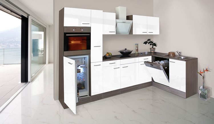 Cuisine d'angle blanc/chêne foncé 310x172cm - plaque de cuisson vitrocéramique et hotte murale blanche - avec appareils