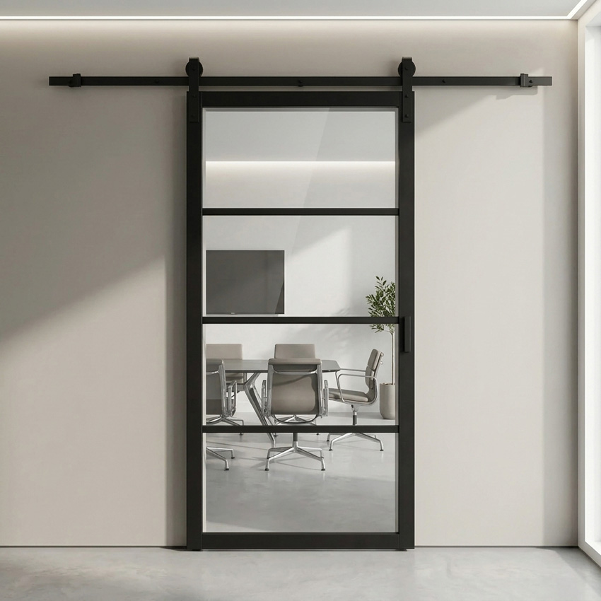 Complete enkele glazen schuifdeur Black steel look 4R 93x211,5cm + rail robust zwart