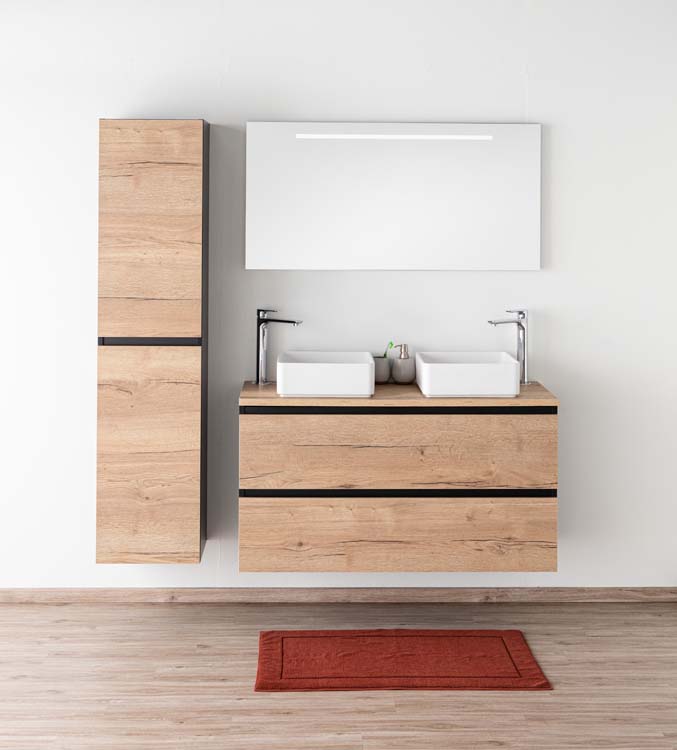 Meuble de salle de bain Dotan chêne/noir 1200 mm tablette en saillie melamine Meuble de salle de bain Dotan chêne/noir 1200 mm tablette en saillie melamine