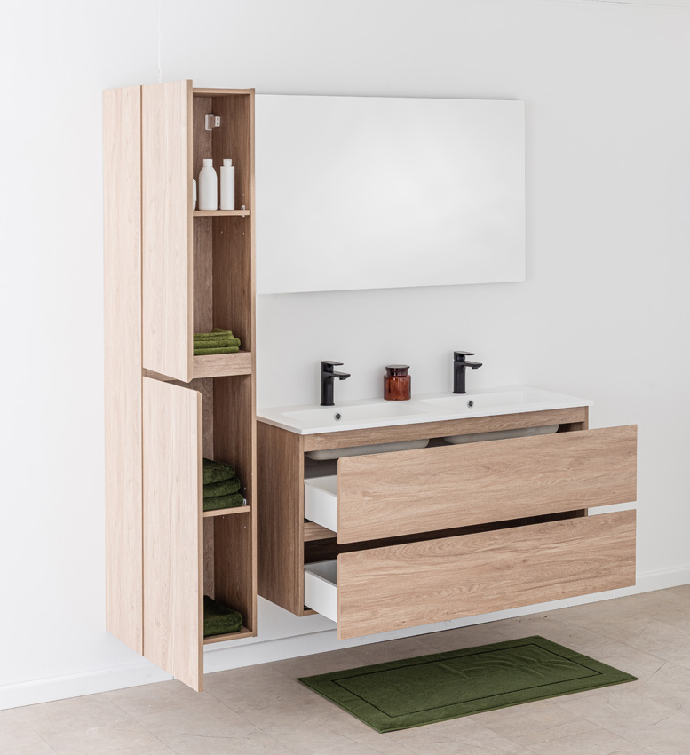 Meuble de salle de bain Bianca aspect chêne suspendu avec double lavabo blanc mat 120,5cm