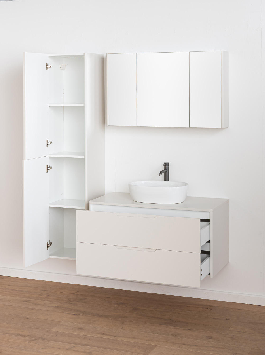 Meuble de salle de bains Billie beige avec vasque à poser blanc brillant 100cm