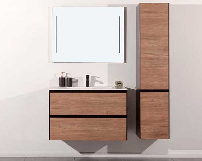 Badkamermeubel Molly houtlook hangend met enkele wastafel glanzend wit 90cm