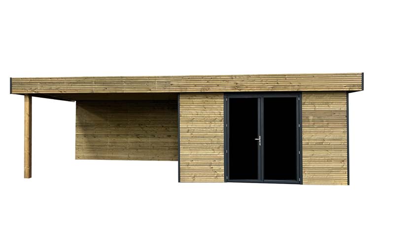 Tuinstudio Amelia L + terras vurenhout naturel 770x300x236cm dubbele deur