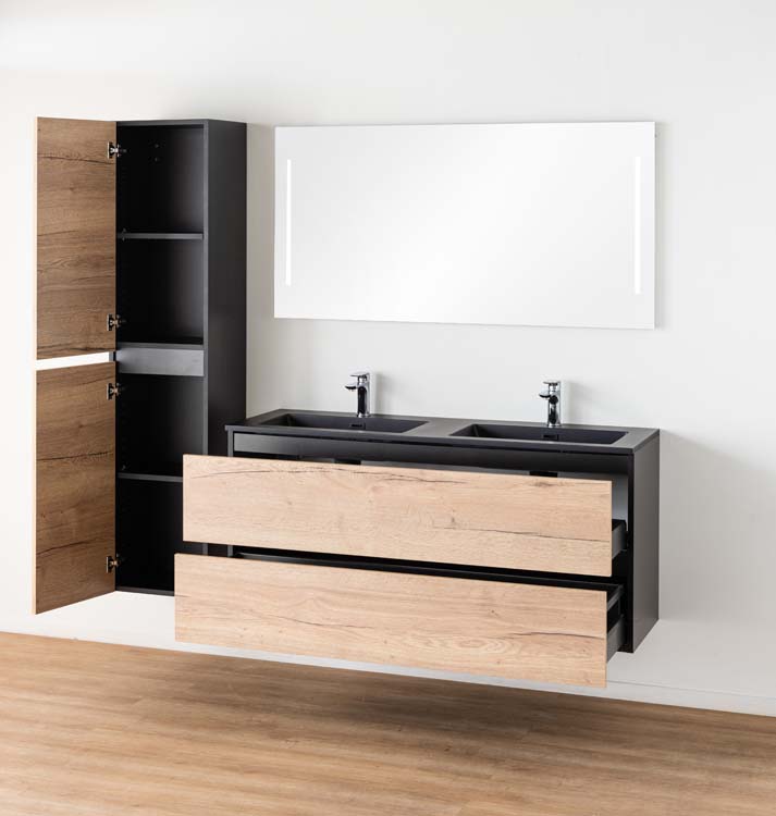 Badkamermeubel Dotan eik hangend met dubbele wastafel mat zwart 140cm