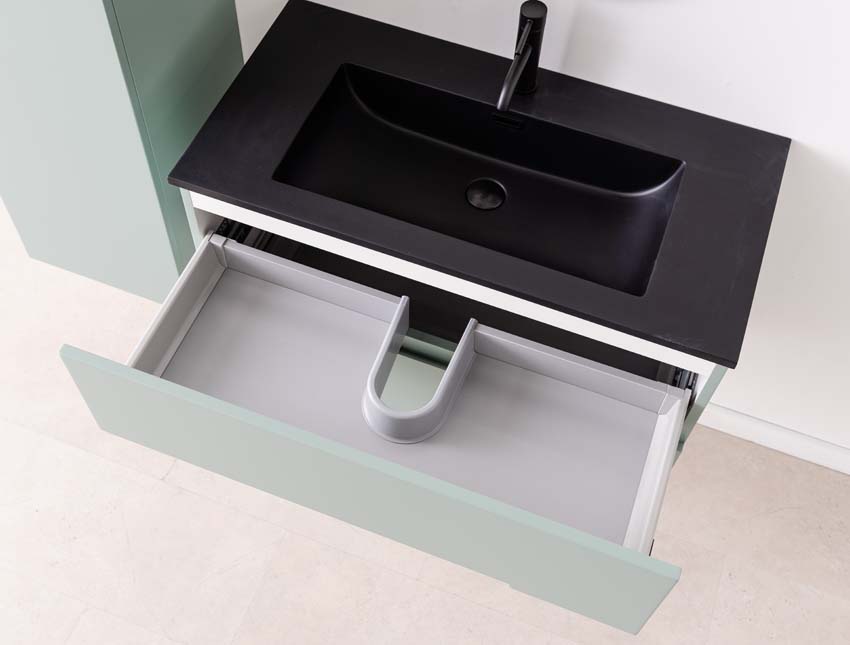 Meuble de salle de bains Truman vert gris suspendu avec lavabo simple noir mat 90cm