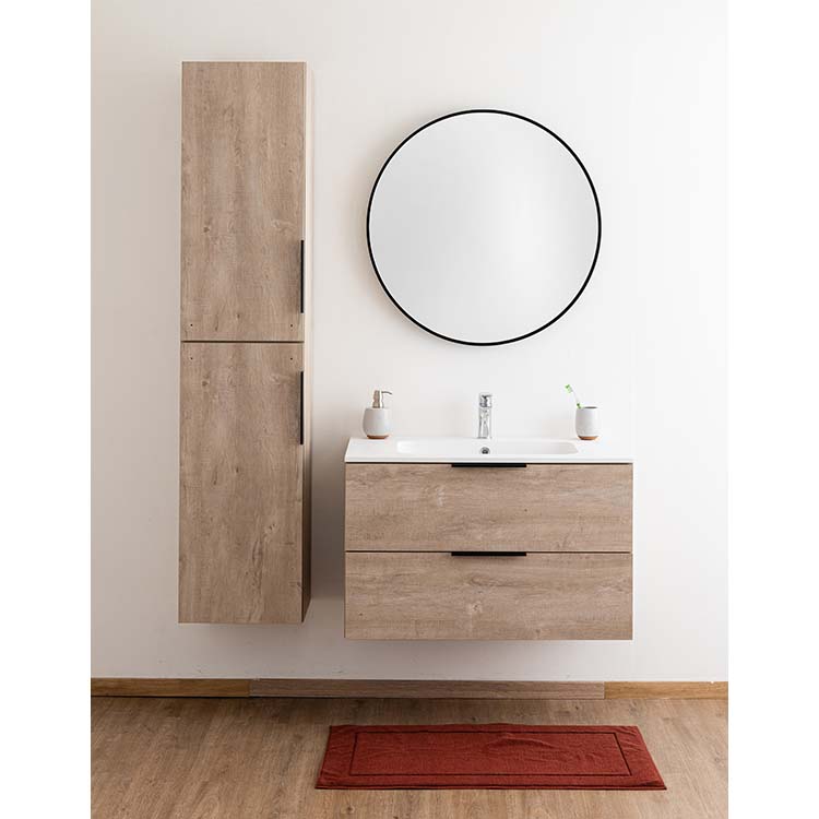 Badkamermeubel Plato eik betonlook hangend met enkele wastafel mat wit 90cm