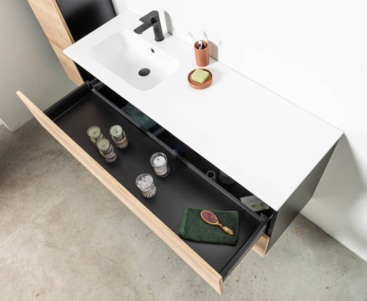 Meuble de salle de bain Dotan chêne/noir 1400 mm lavabo mat gauche
