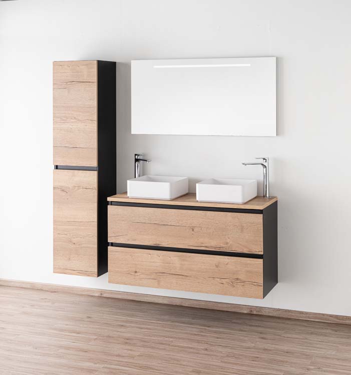 Meuble de salle de bain Dotan chêne/noir 1200 mm tablette en saillie melamine Meuble de salle de bain Dotan chêne/noir 1200 mm tablette en saillie melamine